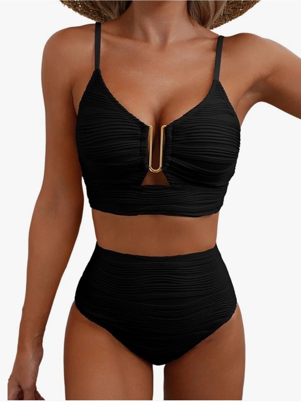 Black High-Waist Textured Bikini Set with Gold Accent